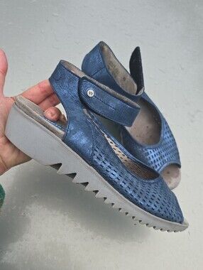 Wolky Metallic Blue Slingback Amalia Nubuck Comfort Walking Wedge Sandal EU 40 9